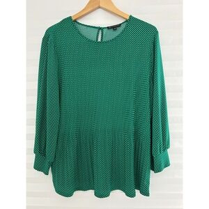 Adrianna Papell Green Polka Dot Micro Pleat Blouse XL Polka Dot 3/4 Sleeve Top